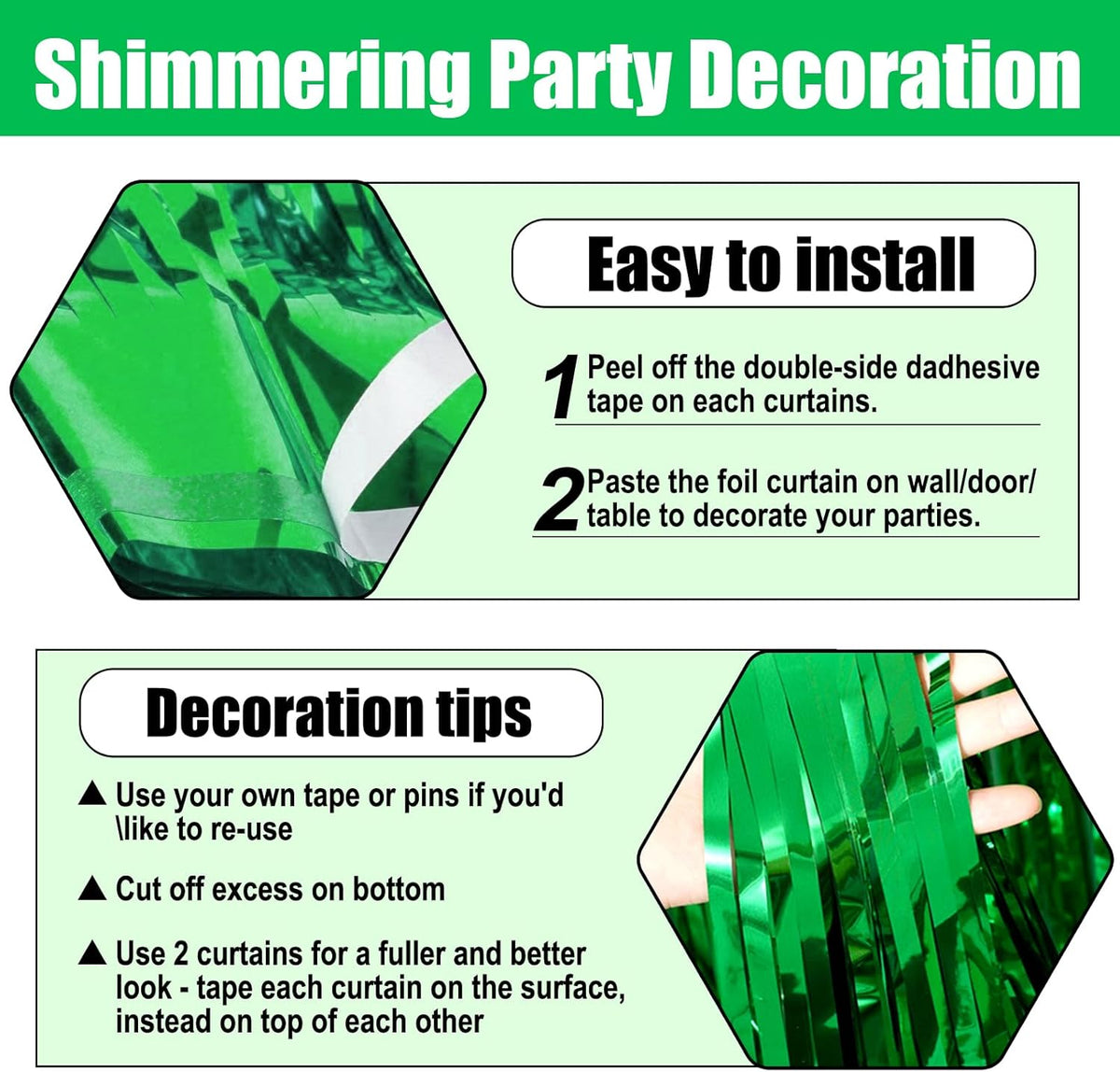 3 Pack Green Foil Fringe Curtain Backdrop, 3.28Ft x 8.2Ft Metallic Tinsel Foil Fringe Streamer
