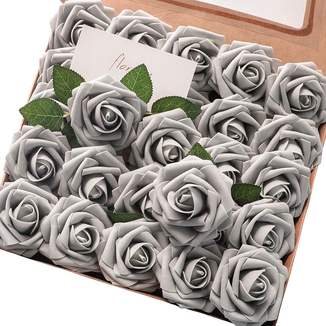 Floroom Artificial Flowers 25pcs Real Looking Silver Grey Foam Fake Roses with Stems for DIY