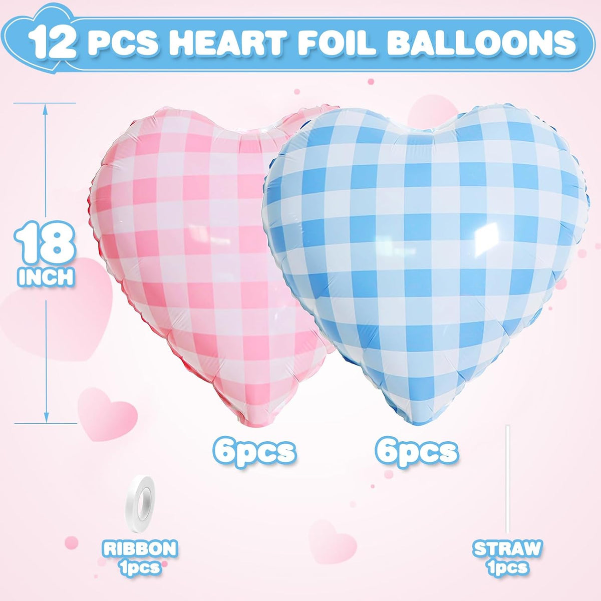 Pink Blue Checkered Heart Balloons,12Pcs 18Inch Blue Pink Grid Heart Shaped Foil Helium Polyester