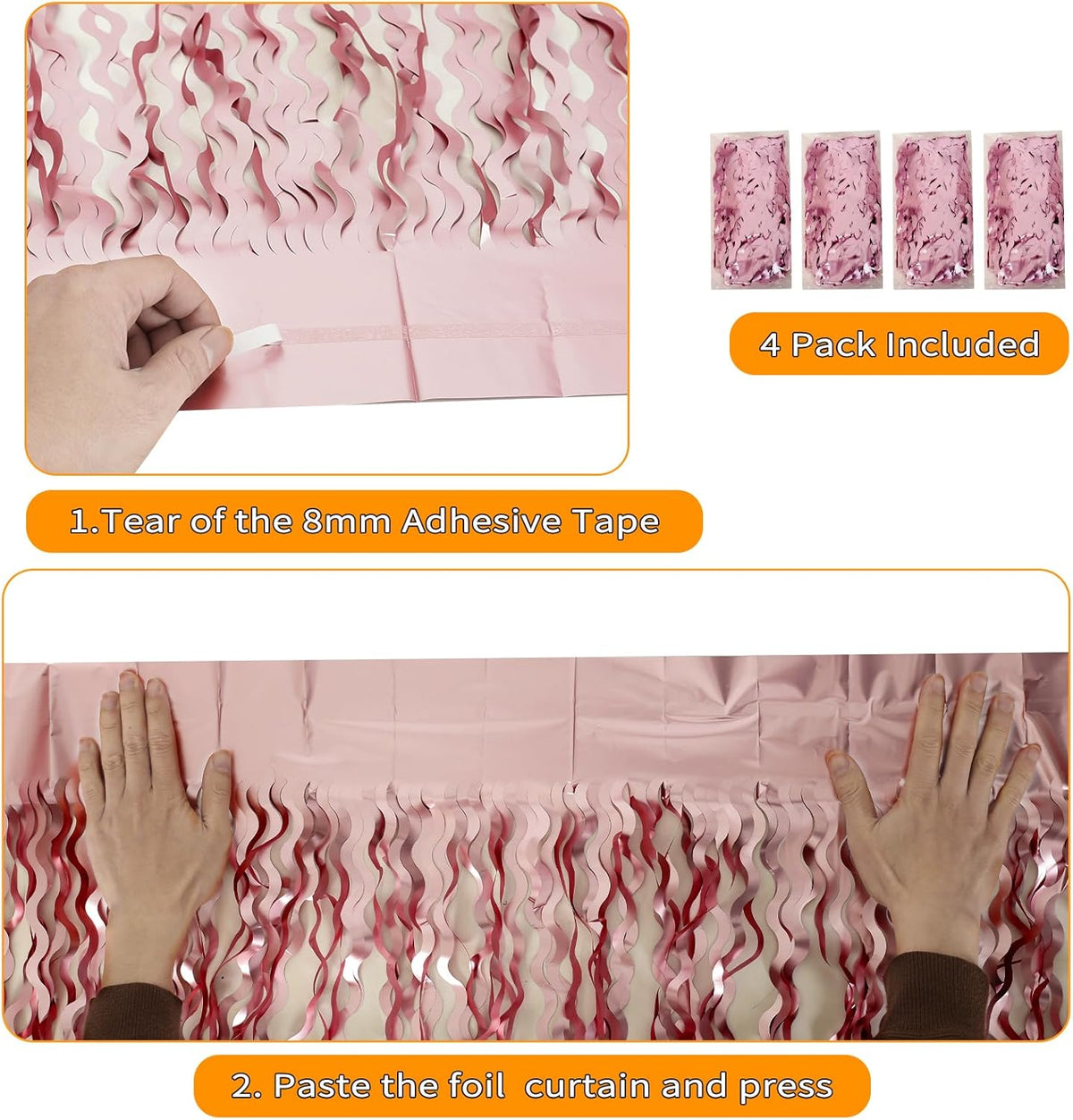 4 Pack 3.3x6.6ft Pink Tinsel Curtain Party Backdrop - Wavy Foil Fringe Curtain Party Streamers for