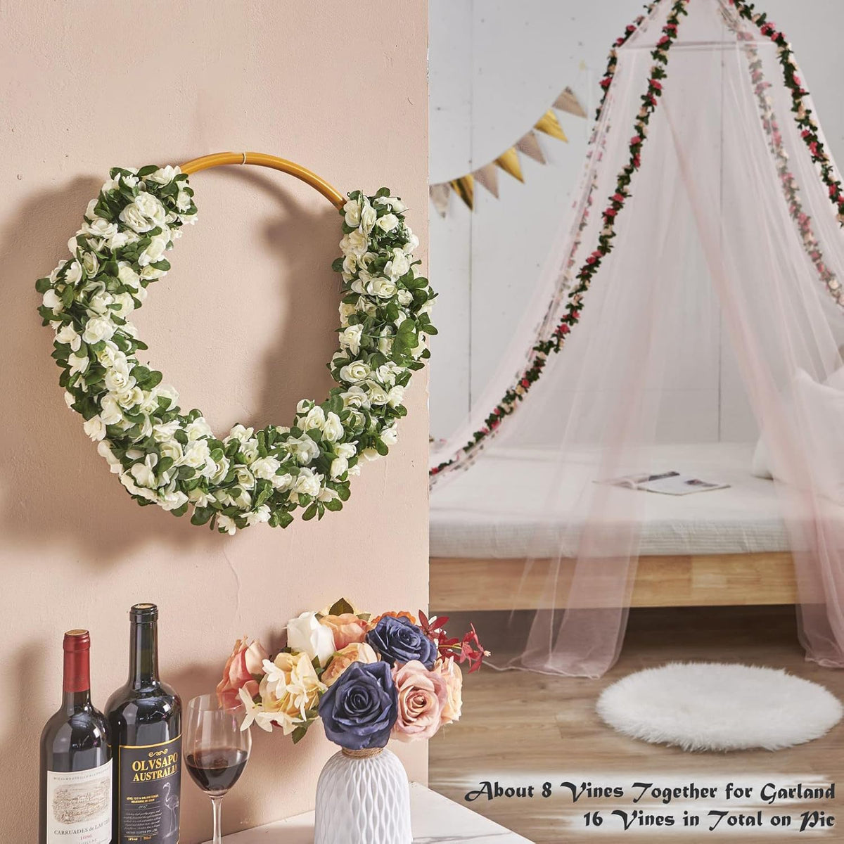 6 Pcs x 8.2 ft Flower Garland Artificial Rose Vine Flowers with Green Leaves Hanging Fake Roses