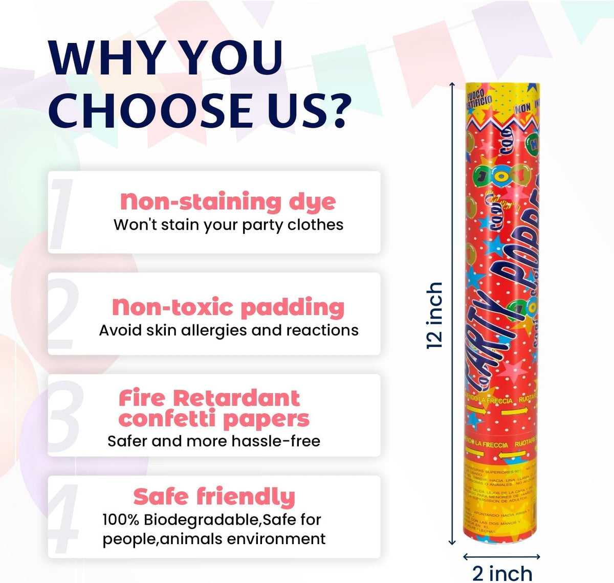 Confetti Cannon 12Inch Multicolor confetti popper party streamer Biodegradable 12Pack Party Popper
