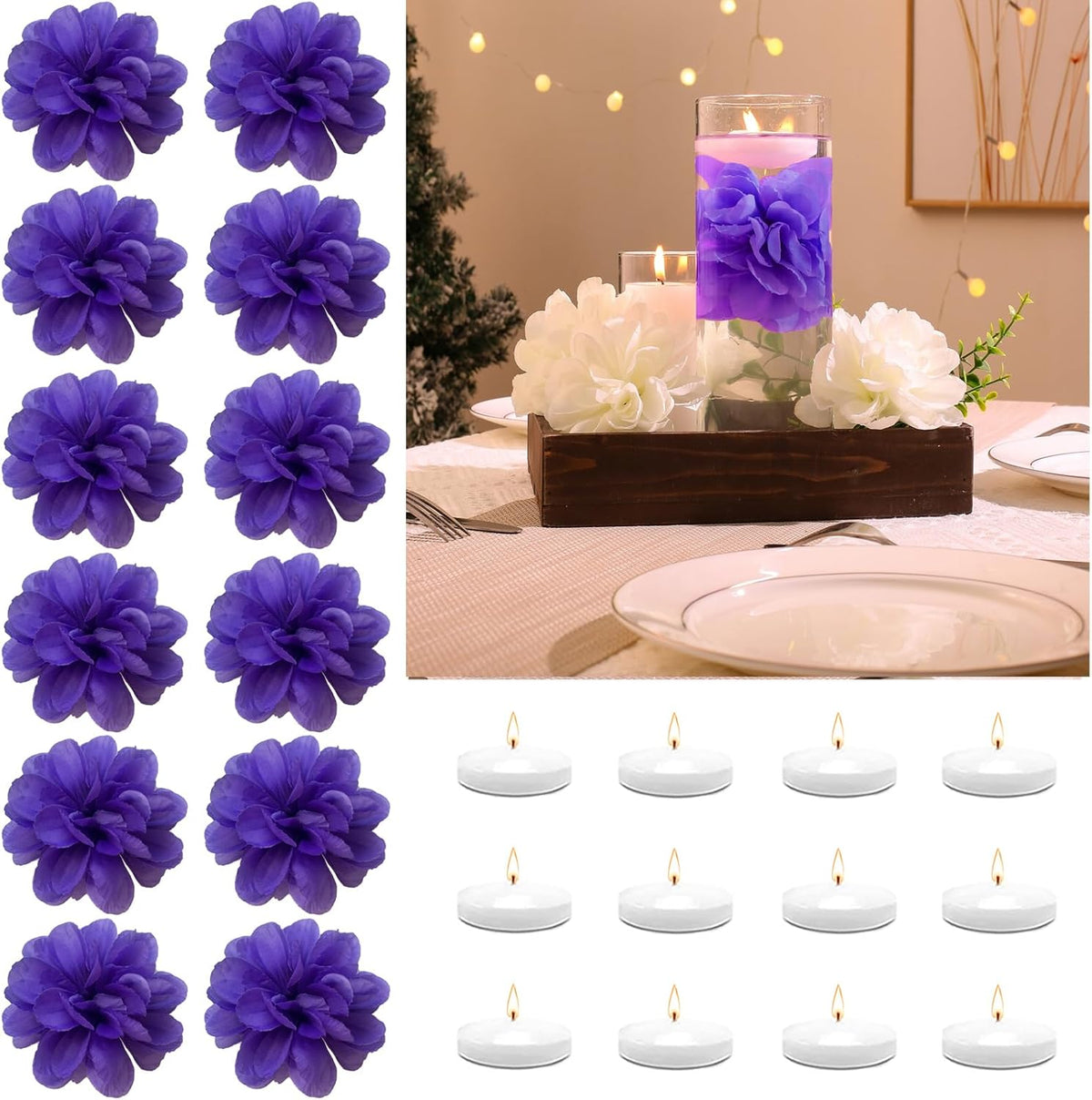24 Pcs Floating Candles for Centerpieces and Floating Flowers Artificial Flowers Head Vase Filler