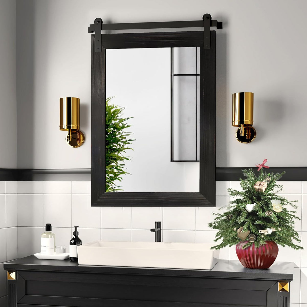 COGOOD Farmhouse Barn Door Mirror - 21 x 30 Rustic Wood Framed Wall Mirror for Bathroom, Living