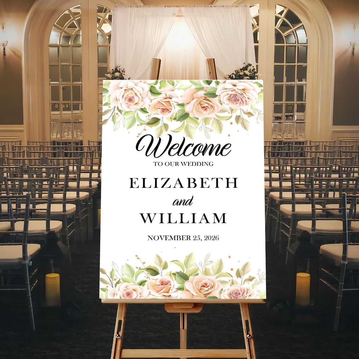 Gentle Pink Rose Wedding Welcome Sign, Minimalist Floral Template, Editable Printable Sign for