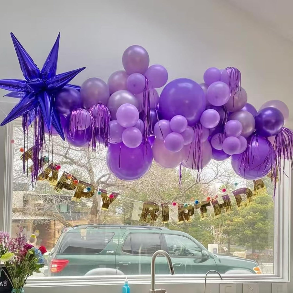 Purple Star Balloons 12pcs, 27/22 Inch Foil Star Explosion Balloons, Large Spike Mylar Cone