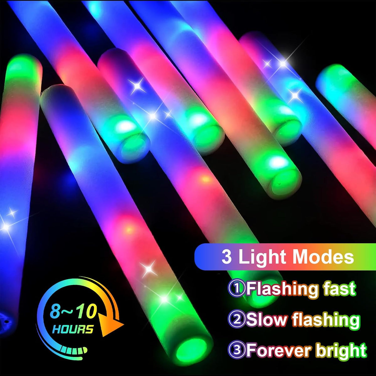 EXCECAR 70PCS Foam Glow Sticks, LED Light Up Foam Sticks with 3 Modes Flashing Changing, Glowing in