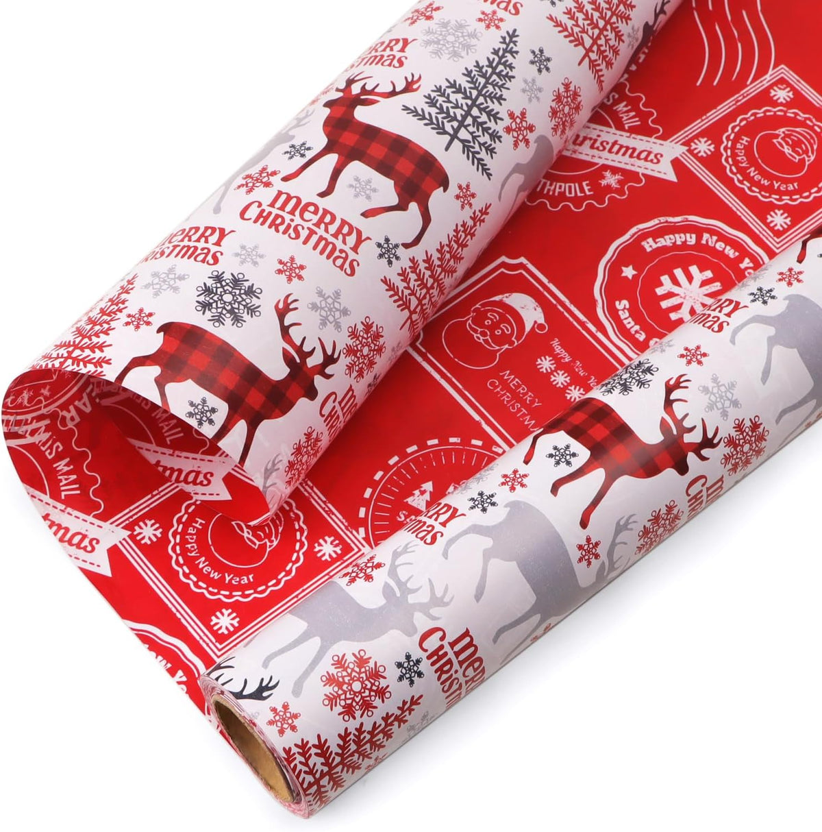 Ribbli Christmas Wrapping Paper Reversible Vintage Reindeer and Christmas Stamp Gift Wrapping Paper