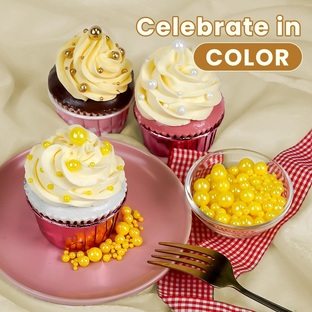 Yellow Pearl Sprinkles, Edible Sugar Pearls for Cake Decorating, 180g/6.35oz, Mix Size, Cake
