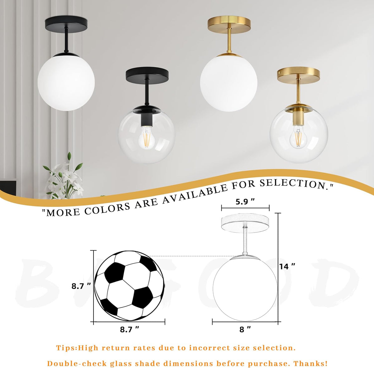 Globe Semi Flush Mount Ceiling Light, Clear Glass with Brass Finish, Contemporary Mid Century