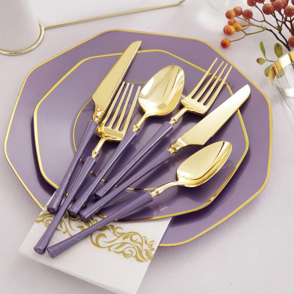 KIRE 140Pcs Purple Plastic Plates with Gold Rim& Gold Disposable Plastic Silverware with