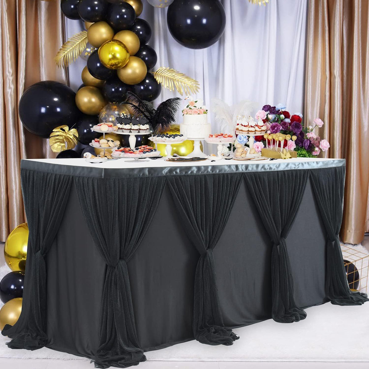 14ft Black Tulle Table Skirt for Rectangle Table or Round Tables Tutu Table Cloth for Birthday