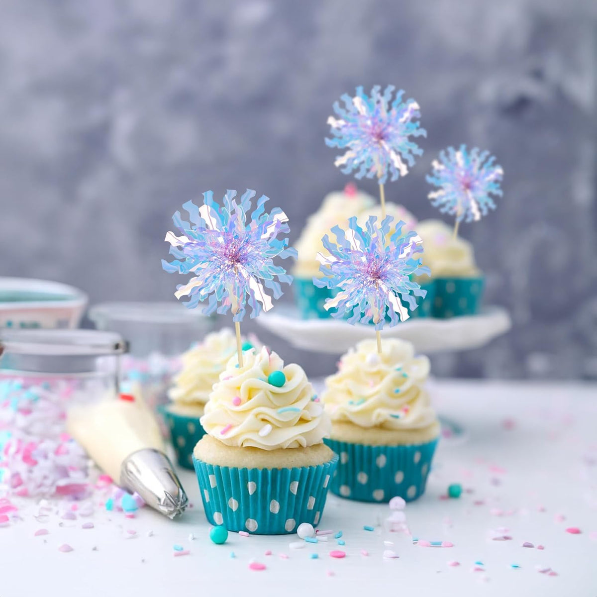 Ephlyn 30Pcs Foil Firework Cupcake Toppers Party Birthday Cake Toppers Supplies Sparkle Tinsel