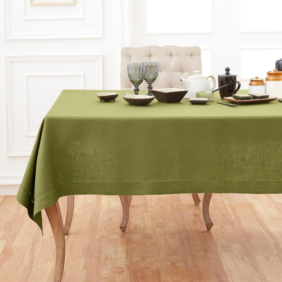 Solino Home Avocado Green Linen Tablecloth 52 x 52 Inch - 100% Pure Linen Square Table Throw