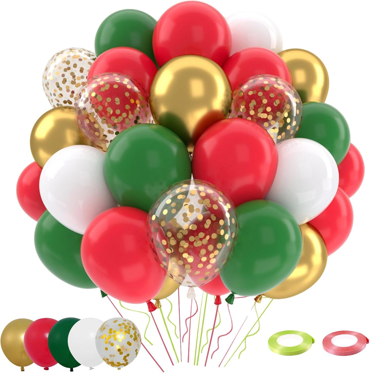 Patimate Red and Green Christmas Balloons Set, 50 pcs 12 inch Metallic Gold Green Red White