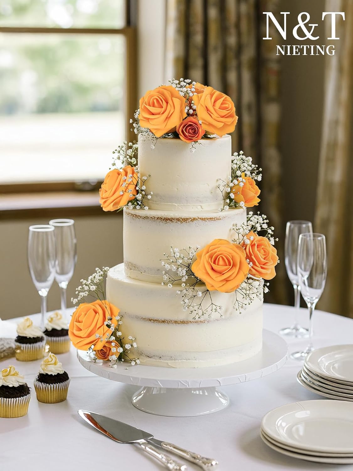N&T NIETING Artificial Flowers, Fake Flowers Orange Roses Perfect for DIY Wedding Bridal Bouquets