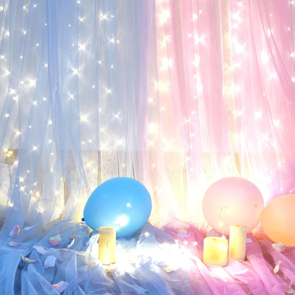 Pink and Blue Backdrop Curtains with Lights String for Baby Shower Sheer Tulle Backdrop Curtain for
