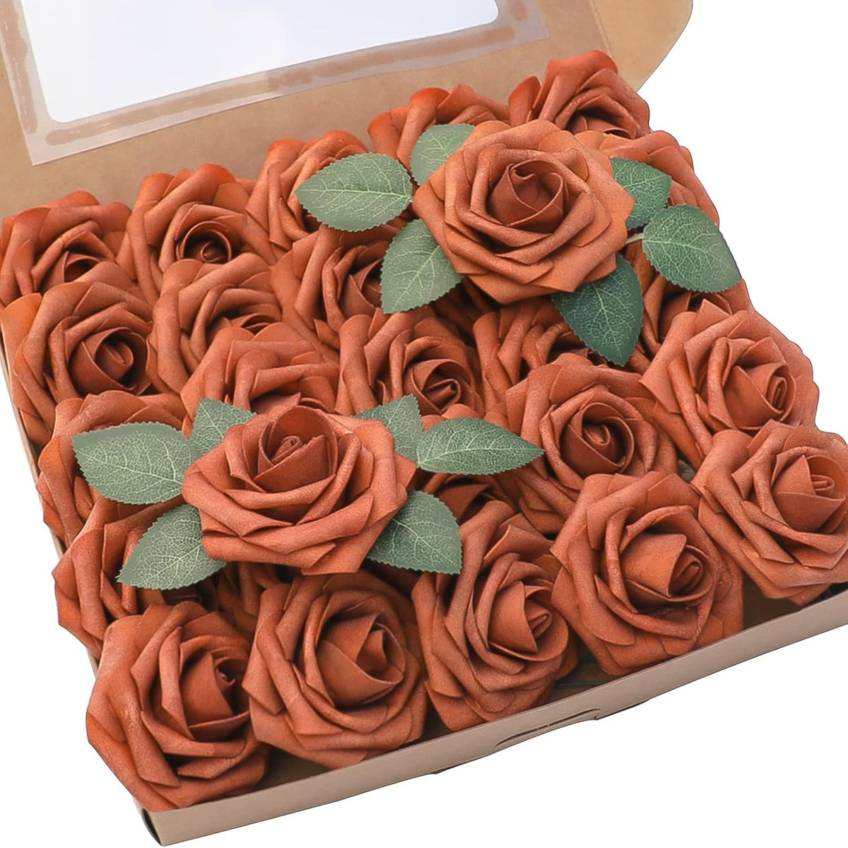 Floroom Artificial Flowers 25pcs Real Looking Burnt Orange Foam Fake Roses with Stems for DIY