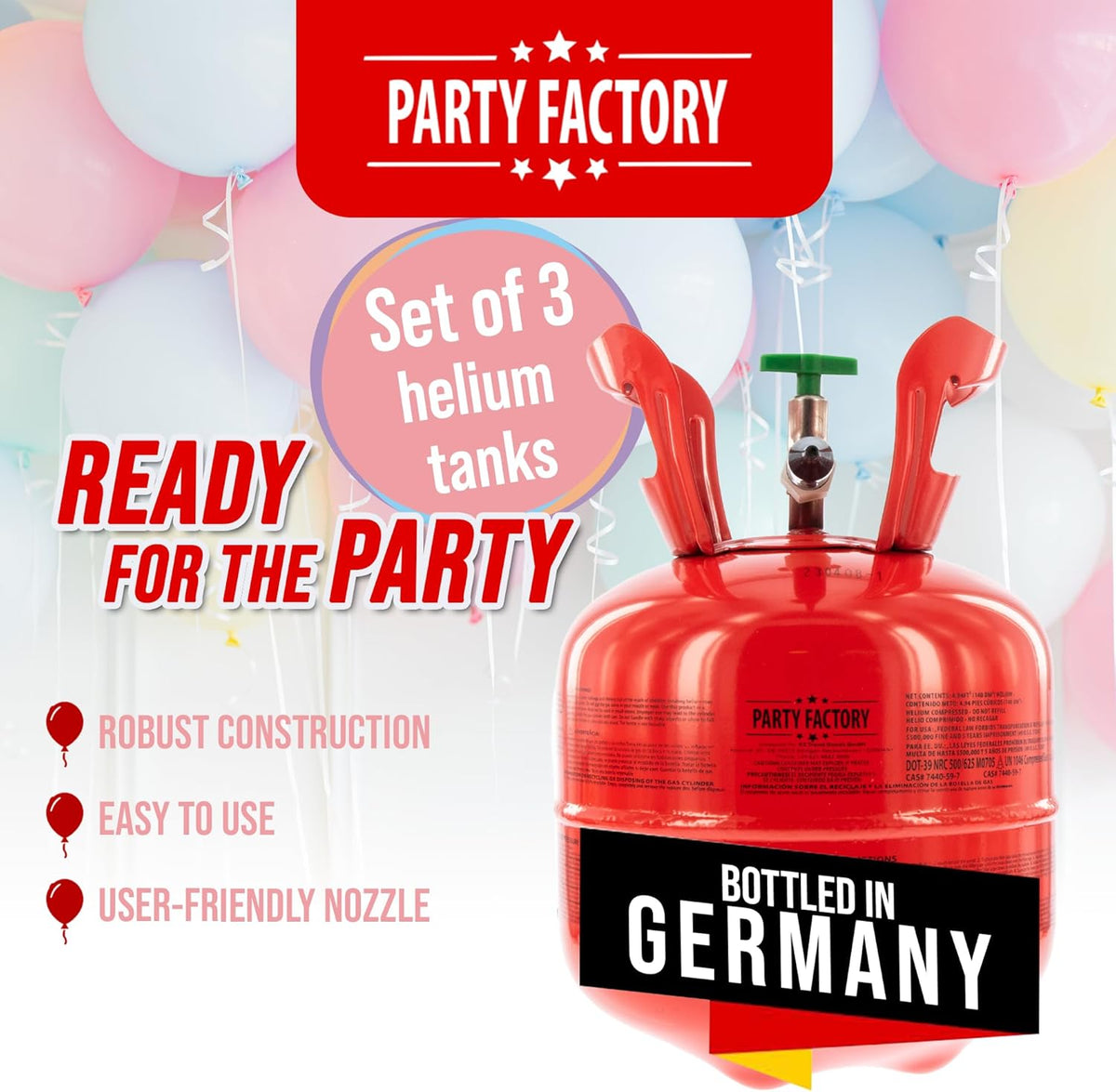 Party Factory set of 3 helium tanks for 20 balloons each, 3 helium cylinders with 5 cu. ft. gas