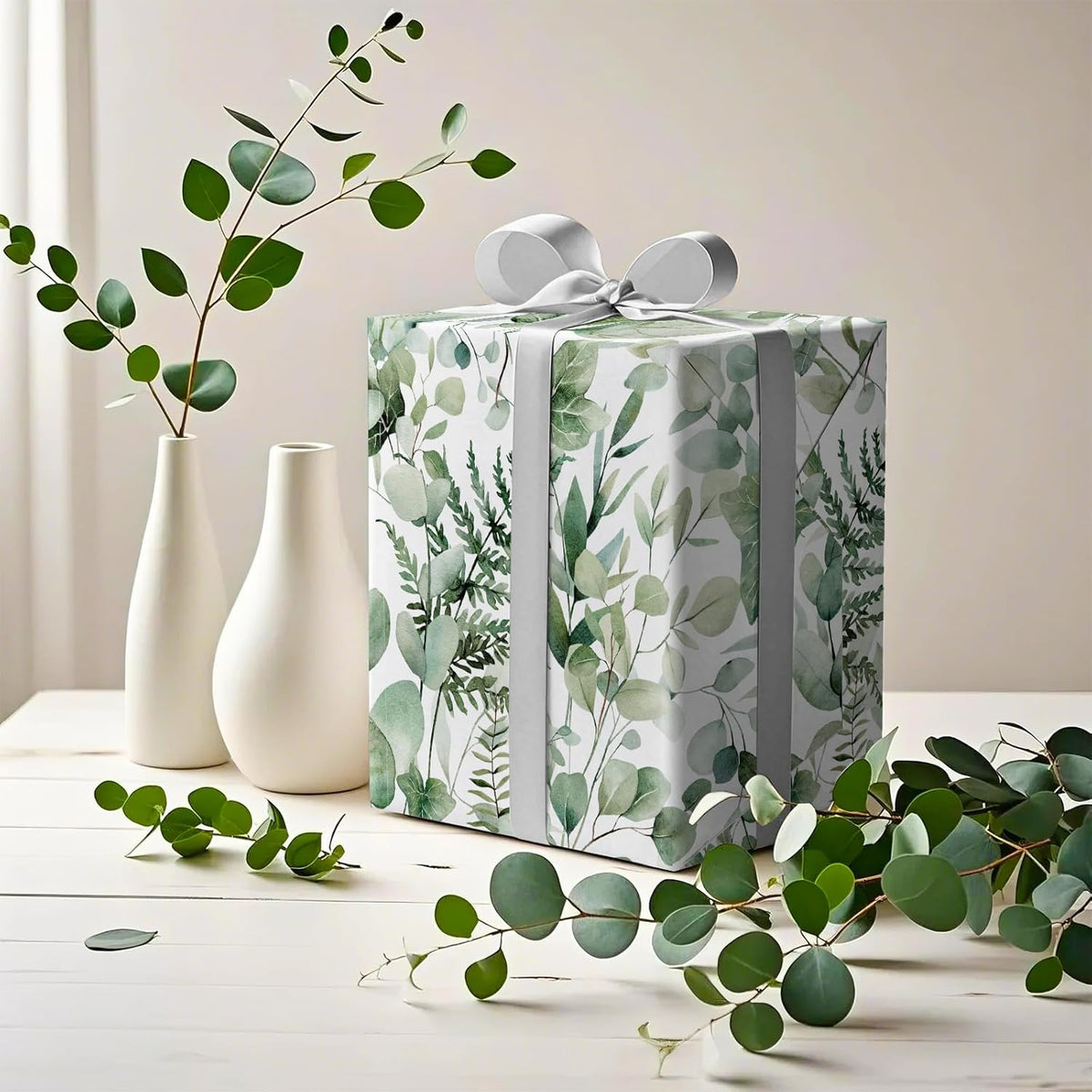 WRAPAHOLIC Eucalyptus Leaves Wrapping Paper Roll - Mini Roll - 17 Inch x 33 Feet - Greenery
