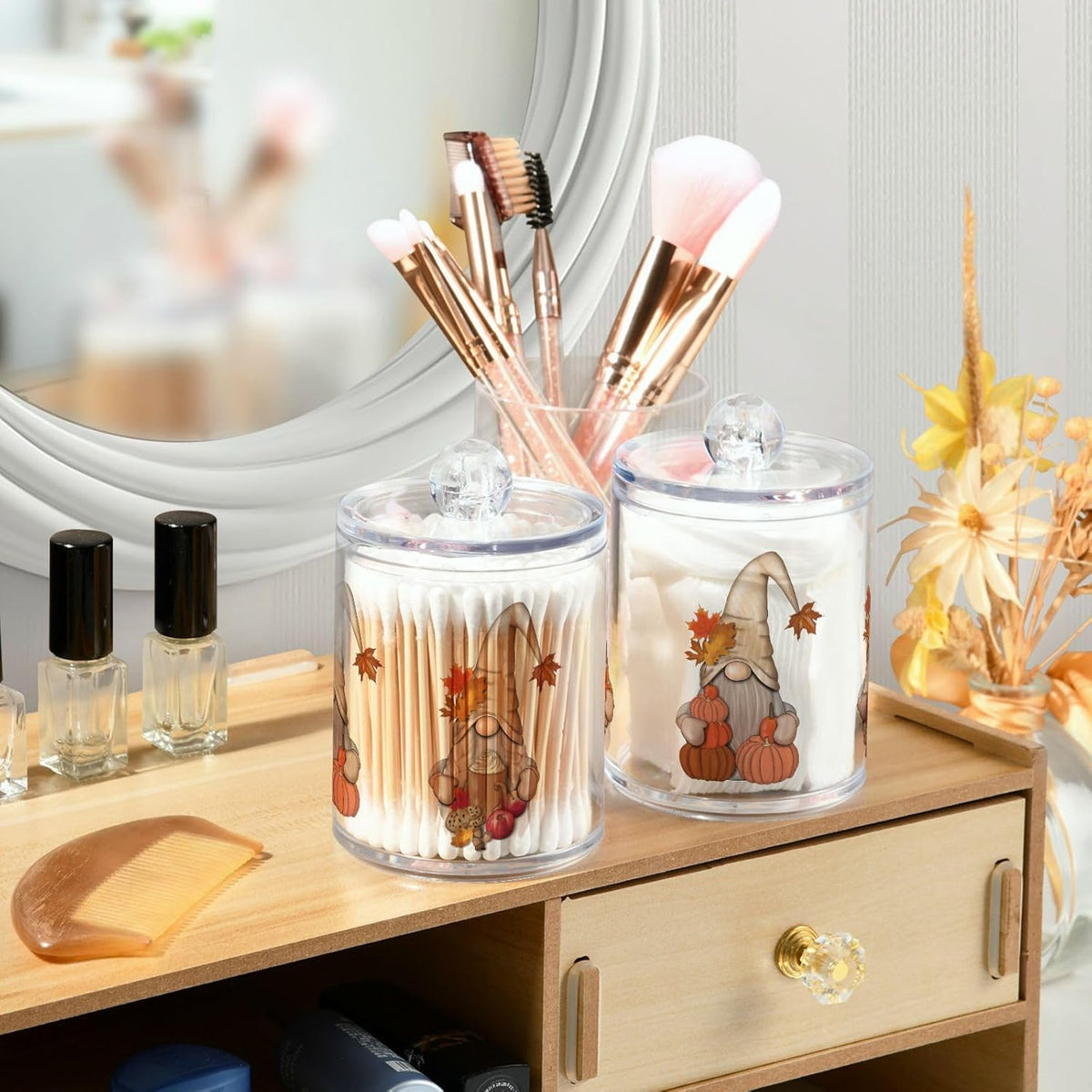 Gredecor 2 Pack Apothecary Jars with Lid Fall Gnome Maple Pumpkins Qtip Holder Dispenser Storage