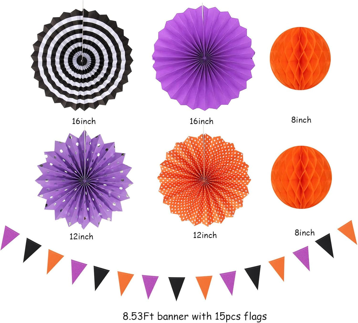 Black Orange Purple Halloween Party-Decorations - 20pcs Paper Lanterns Fans,Tissue Pom