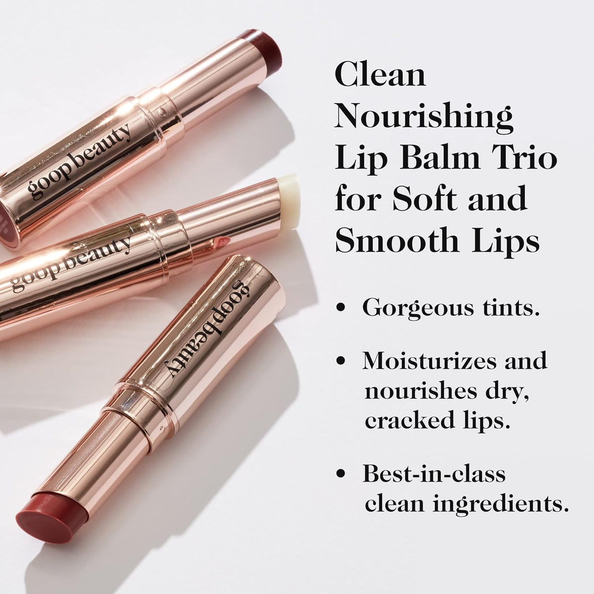 goop Beauty Lip Balm Trio | Clean Moisturizer for Chapped, Cracked & Dry Lips | Clear, Garnet, &