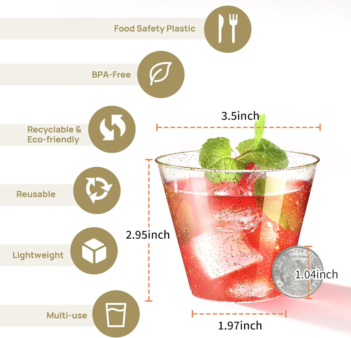 [200 Pack] 9oz Plastic Cups with Gold Glitter Sturdy & Food Safe Plastic Wine Glasses Disposable