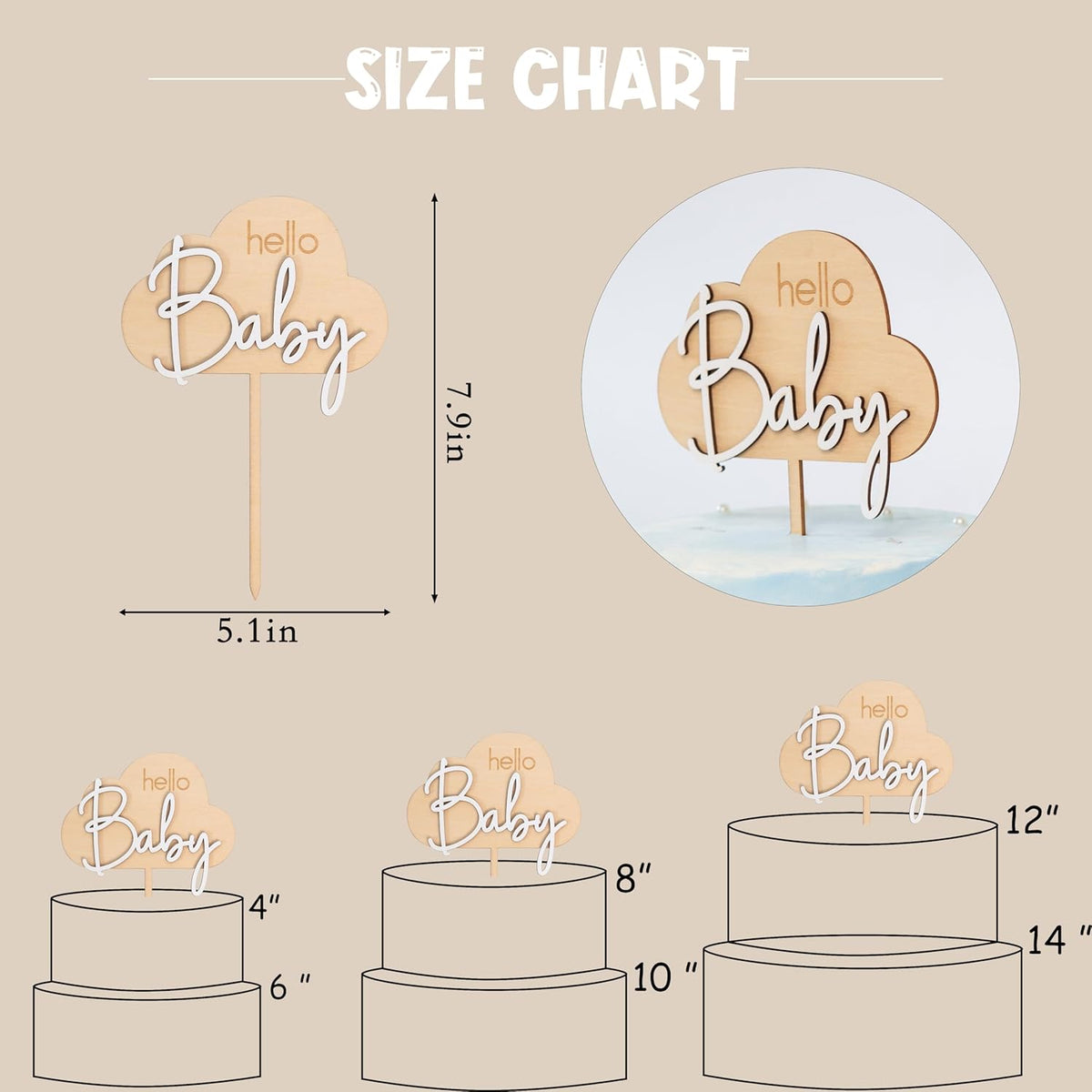 Hello Baby Wooden Cake Topper - Cloud Themed Baby Shower Party Cake Topper，Gender Reveal Party