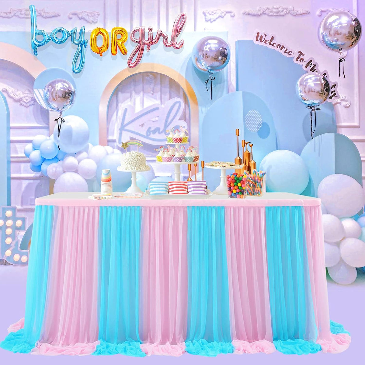 9ft Pink and Blue Gender Reveal Table Skirt for Baby Shower Boy or Girl Tulle Tutu Table Cloths