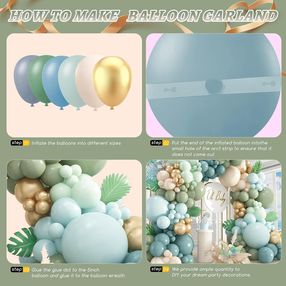 412Pcs Dusty Blue Green Balloon Garland Arch Kit,Haze Fog Blue Ash Mist Sage Green Sand White Gold