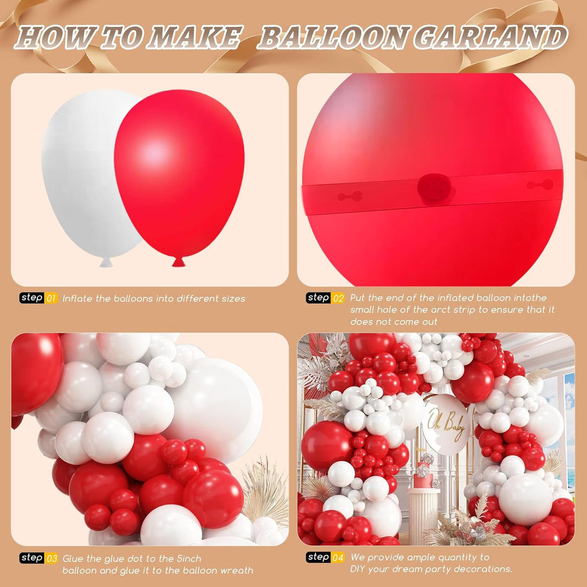 412Pcs Red and White Balloon Garland Arch kit, 18 12 10 5 Inch Different Size Red White Latex