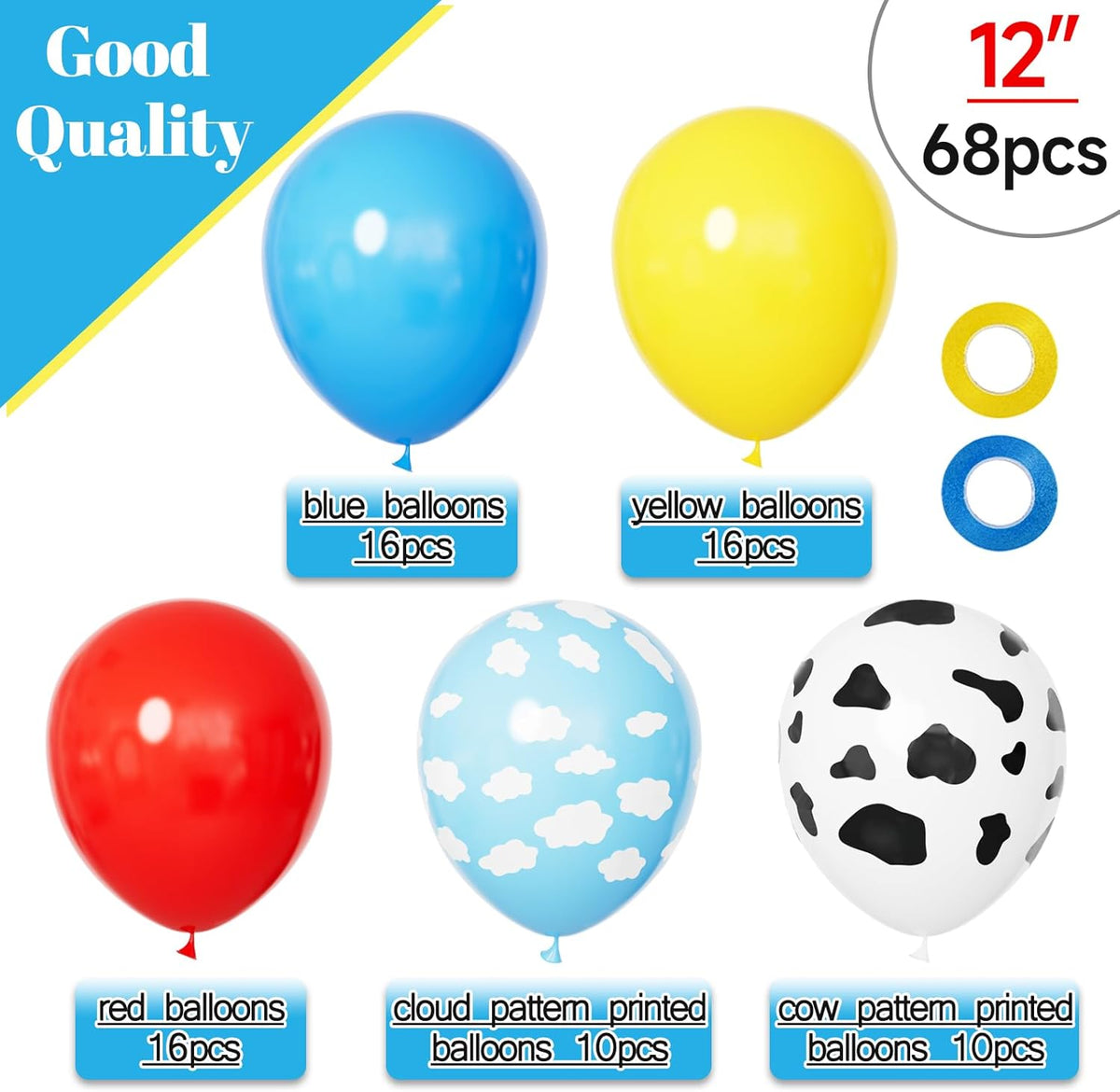 68Pcs Red Yellow Blue Toy Balloons 12 Inch Light Blue Cloud Cow Print Balloons for Baby's Birthday