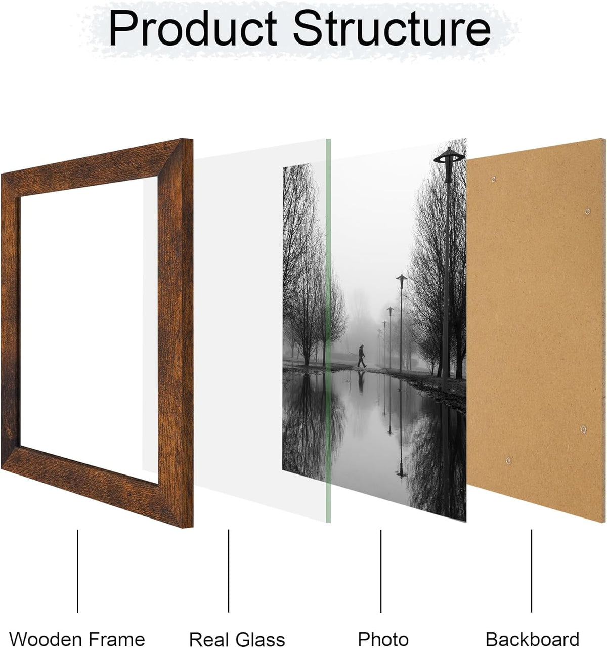8x10 Picture Frame Set of 4, High Definition Glass 8 x 10 Frame, Wood Rustic Photo Frames for
