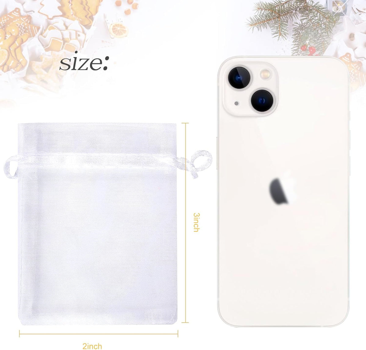 100Pcs White Organza Bags, 2x3Inch Sheer Wedding Party Favor Bags with Drawstring, Jewelry Gift