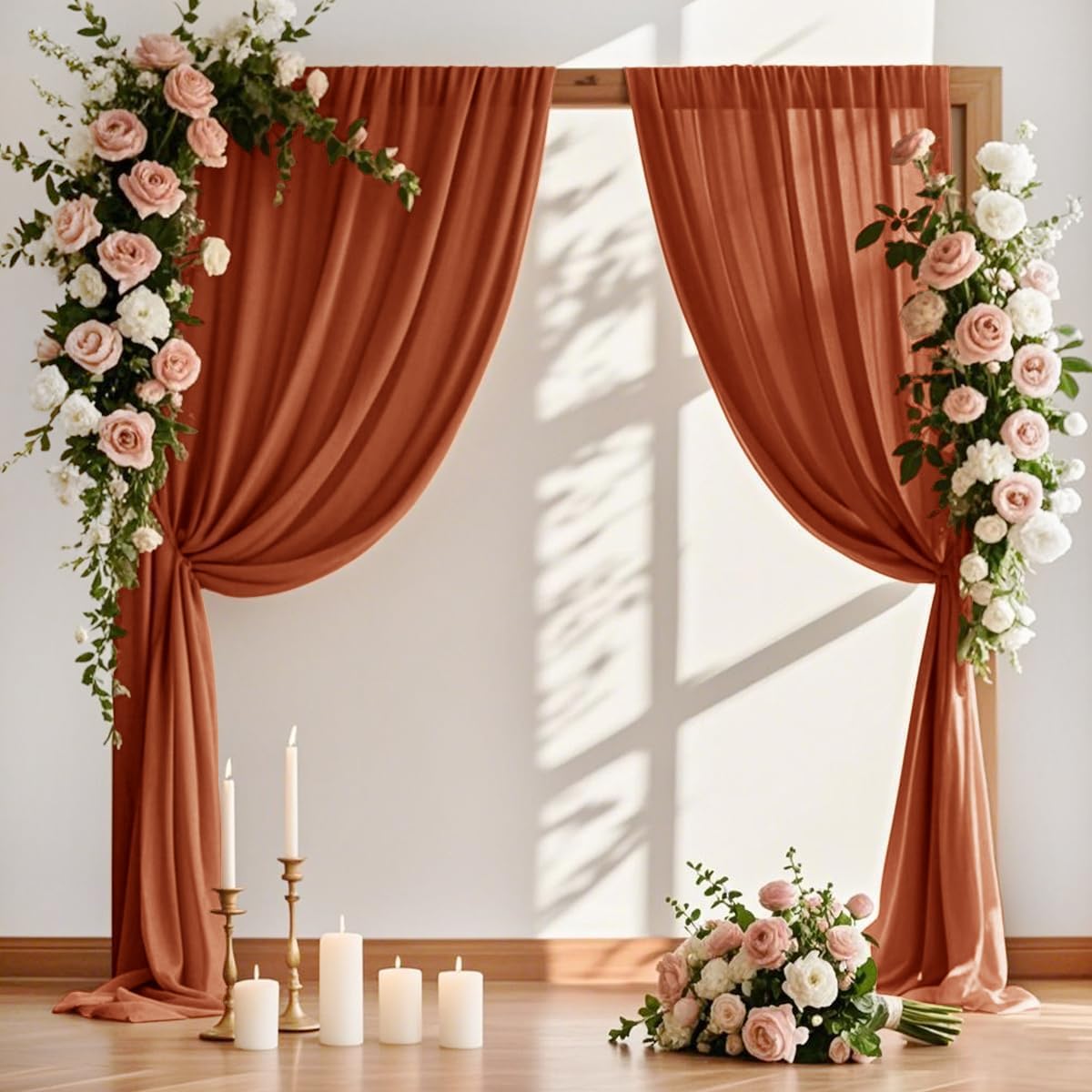 MLMW Fall Wedding Arch Draping Fabric 2 Panels 29" x 20Ft Burnt Orange Terracotta Sheer Wedding