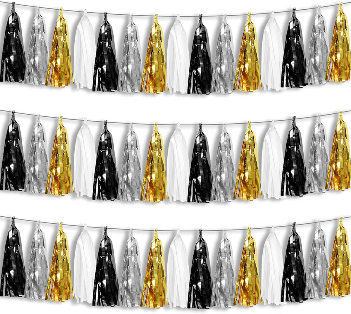 3P Black Gold Silver Foil Fringe Metallic Tassel Garland, Tassels Banner Streamers for Parade