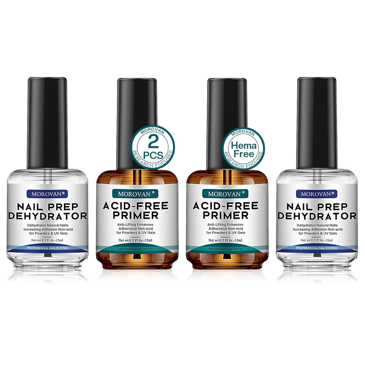 Morovan Nail Prep Dehydrator and Primer, Natural 4 PCS Dehydrator & Acid-Free Bond Primer for