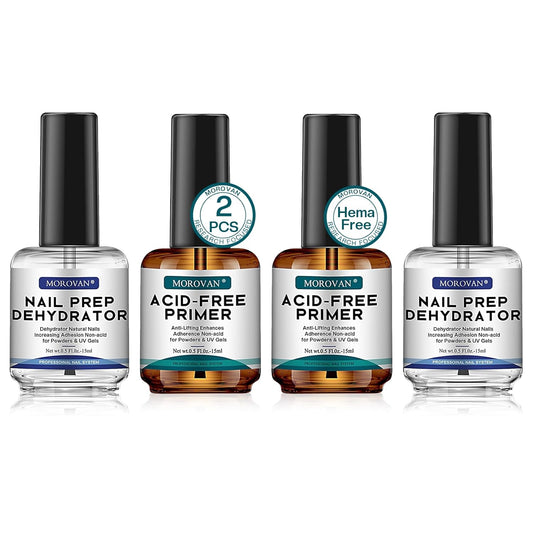 Morovan Nail Prep Dehydrator and Primer, Natural 4 PCS Dehydrator & Acid-Free Bond Primer for