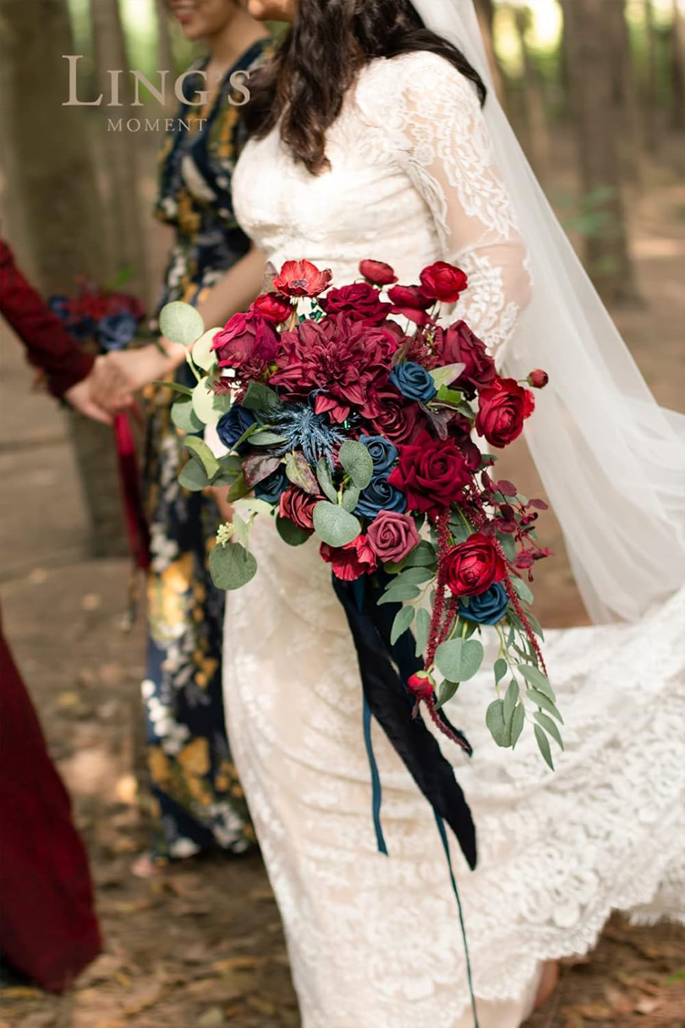 Ling's moment Navy Blue Burgandy Bridal Bouquet Cascading, Jewel Tone Wedding Bouquets for Bride