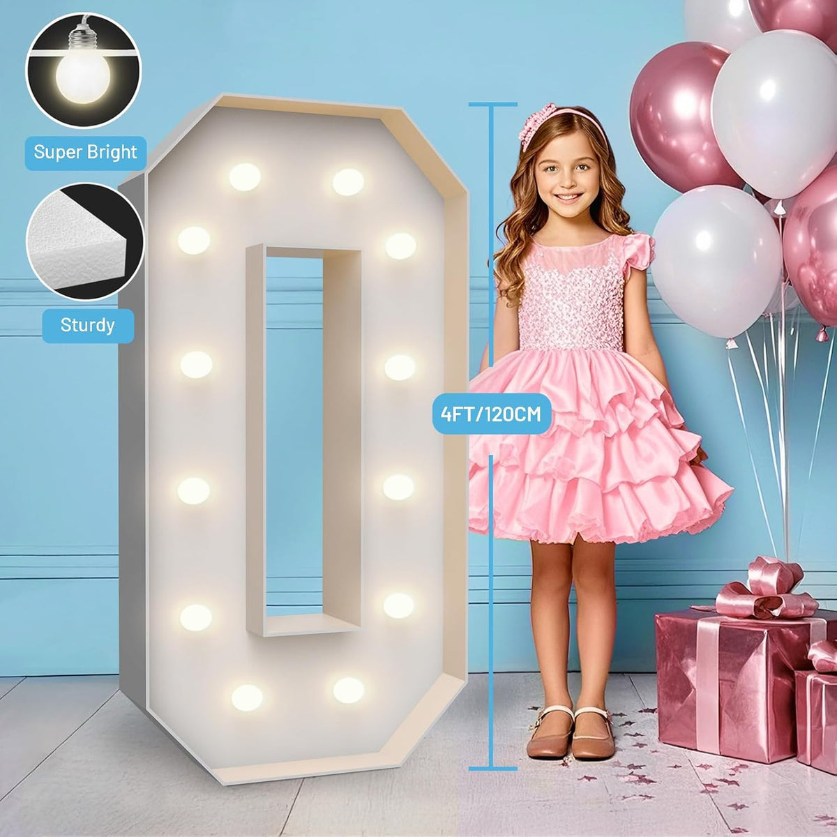 4FT Marquee Light Up Numbers 0,Party Decoration Large Marquee Light Up Letters with Weighted Water