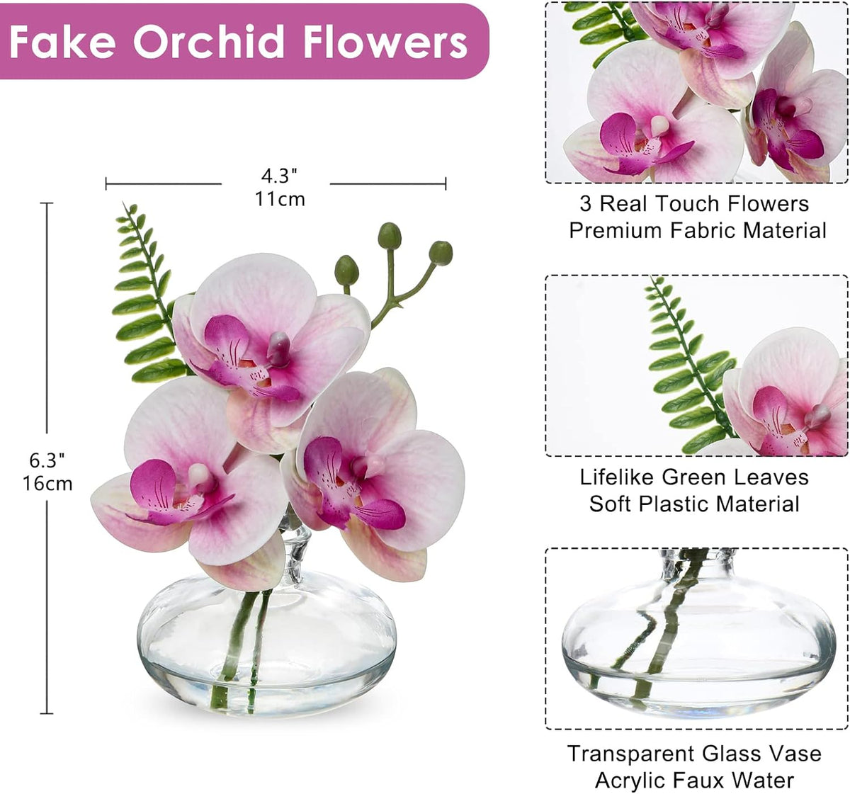 Pink Orchids Artificial Flowers Faux Orchids Arrangement in Clear Glass Vases Set of 3 Real Touch