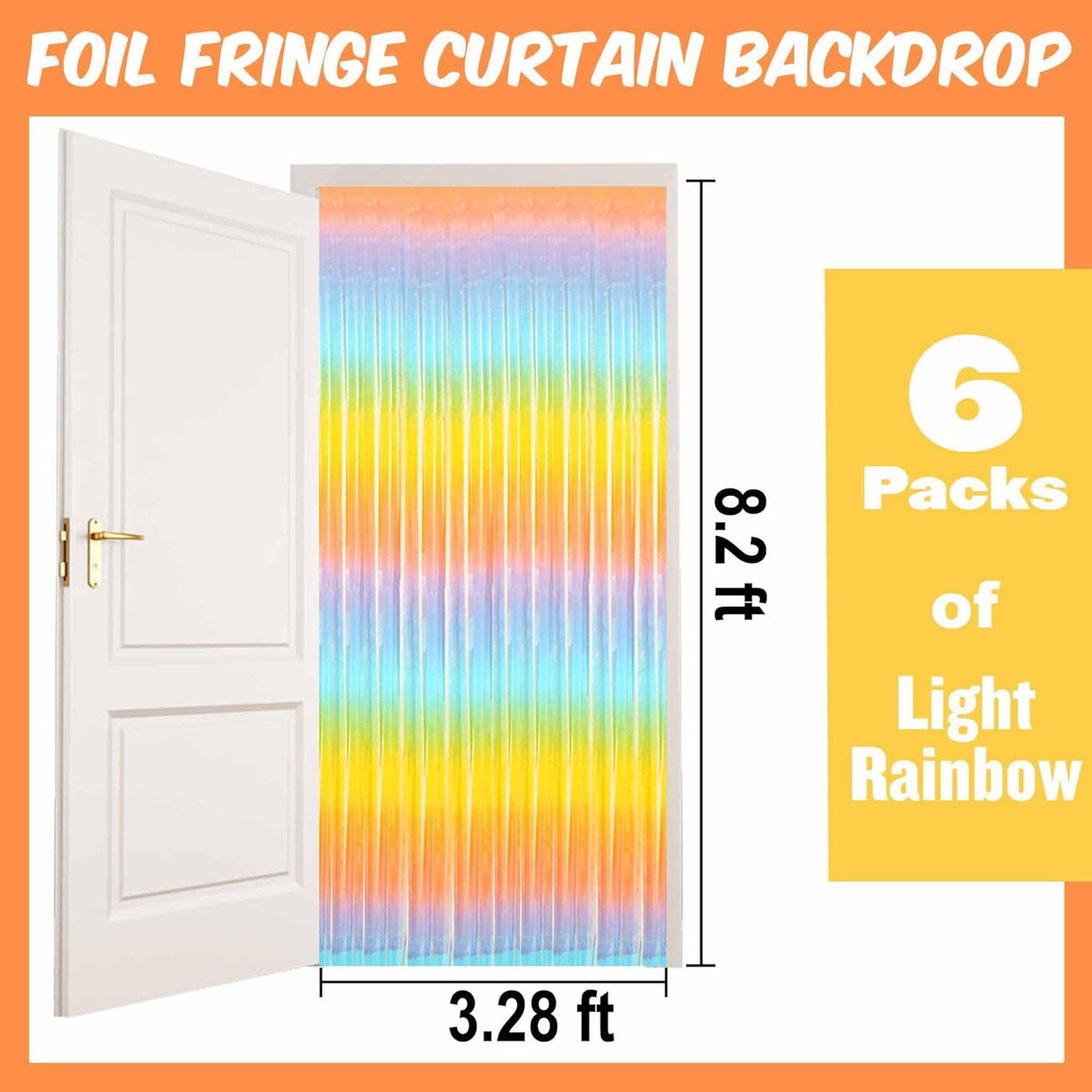 6 Pack Light Rainbow Foil Fringe Curtains Backdrop, 3.28 x 8.2 Ft Metallic Streamers Tinsel