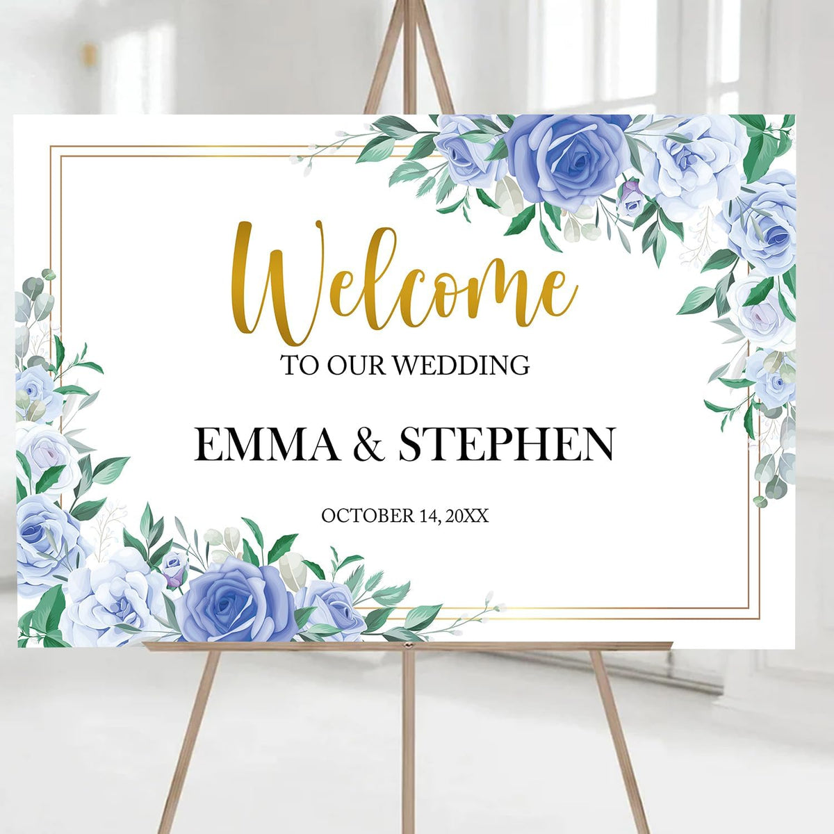 Dusty Blue and Gold Wedding Welcome Sign Template, Printable Landscape Welcome Sign with Blue White