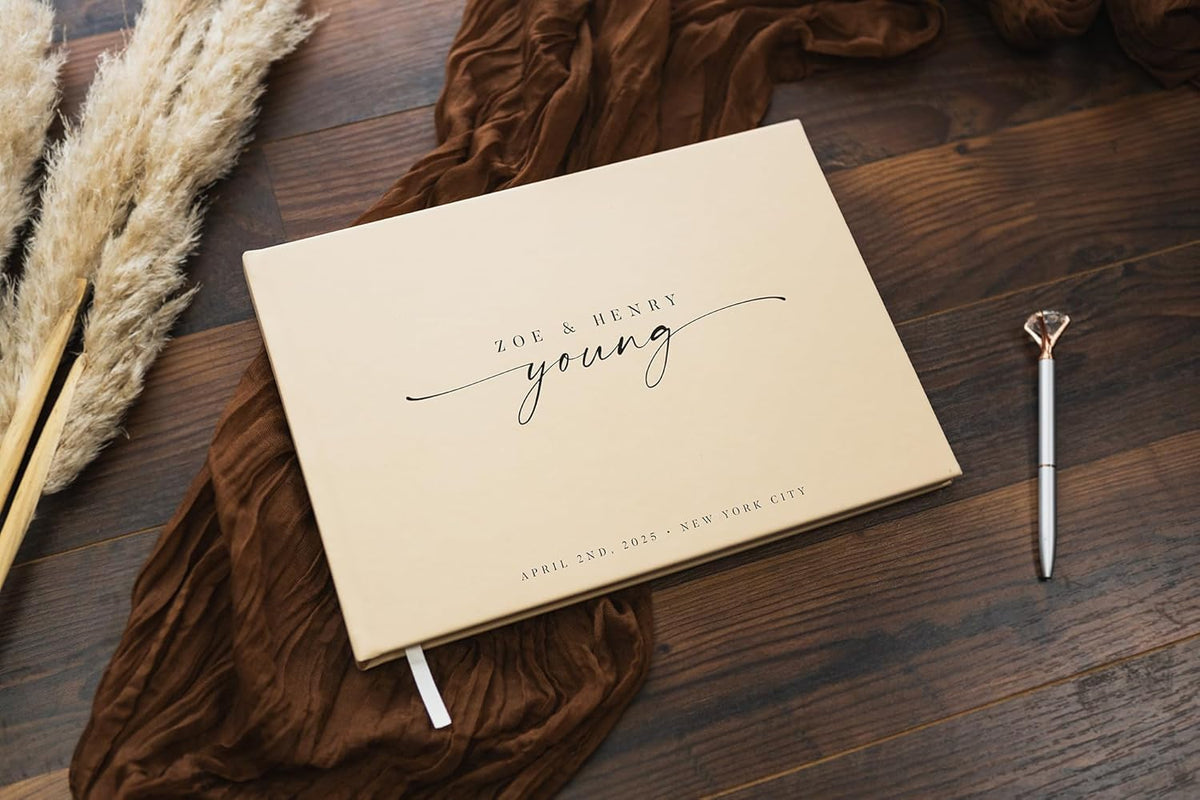 Personalized Guest Book - 11.5" x 8.5" Custom Bride & Groom Names with Bookmark and Hard Cover 140
