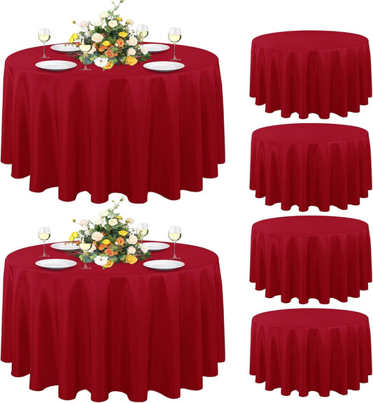 sancua 6 Pack Christmas Red Round Tablecloth 90 Inch, Stain and Wrinkle Resistant Table Cloth