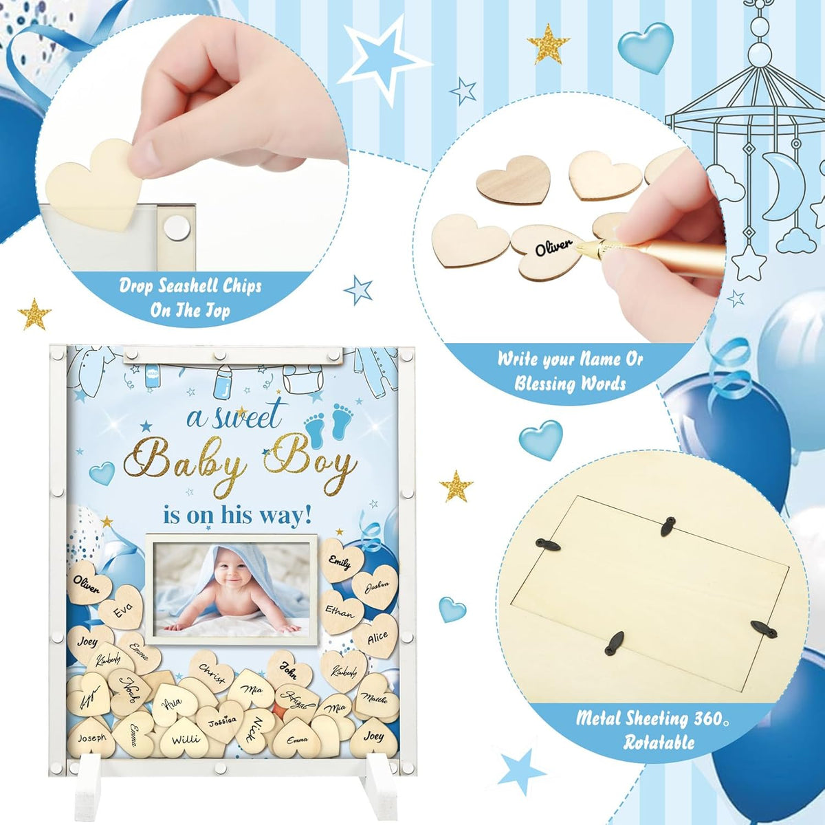 65 Pcs Blue Baby Shower Guest Book Alternatives He or She Gender Reveal Baby Shower Decorations