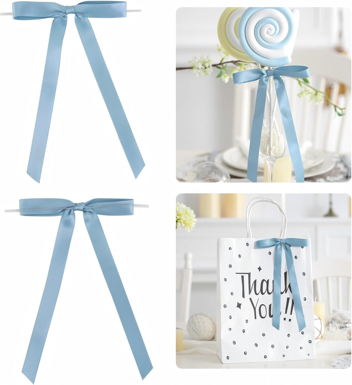 50 PCs Dusty Blue Bow 5 Inch Long Tail Bows for Gift Wrapping, Easter Bow Party Decorations, Twist