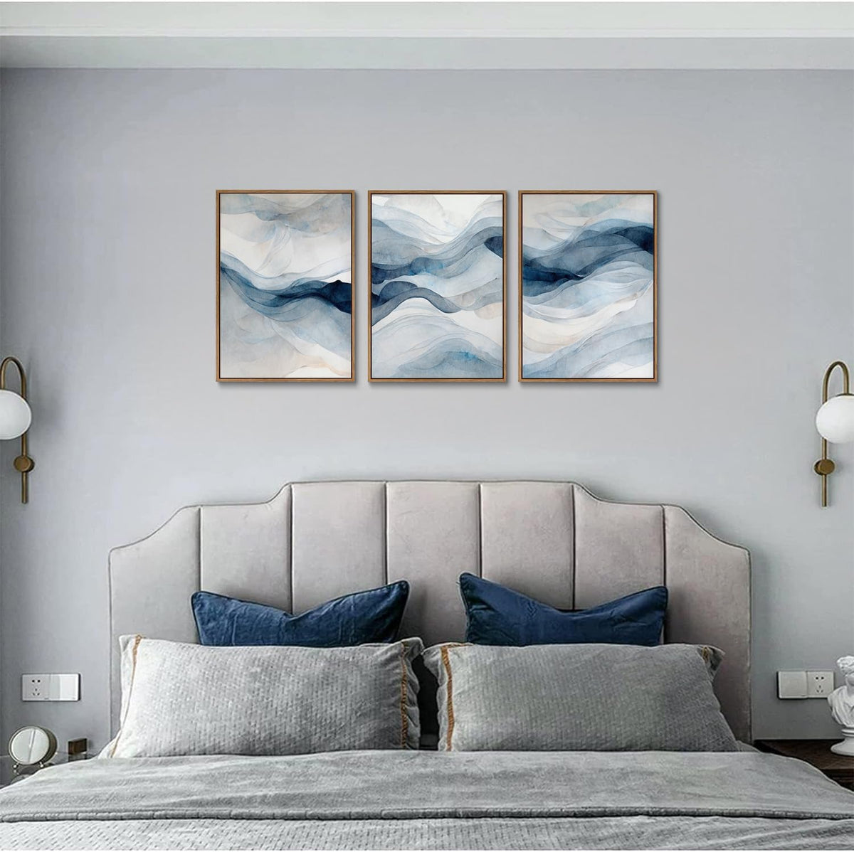 myusuar 3 Piece Large Abstract Framed Wall Art For Living Room, Smoke Texture Ink Navy Blue Canvas
