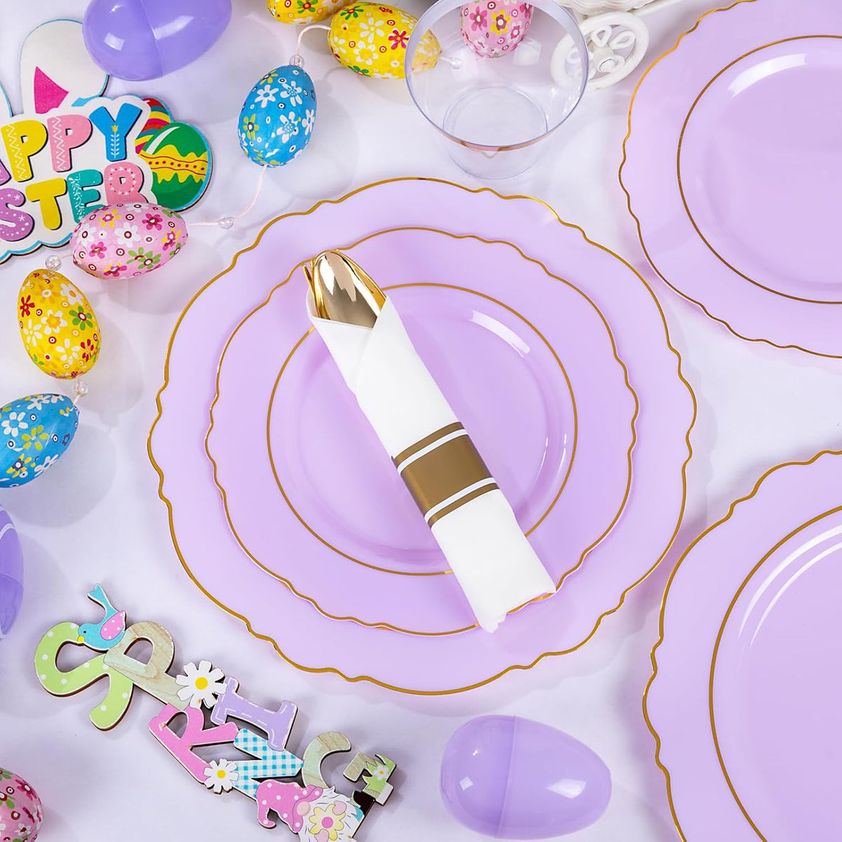 Liacere 350PCS Purple Plastic Plates - Disposable Light Purple and Gold Plates 50guest Baroque